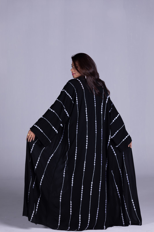 Classic Black Color Korean Fabric with Off White Embroidery work around the Women Abaya. AB1015