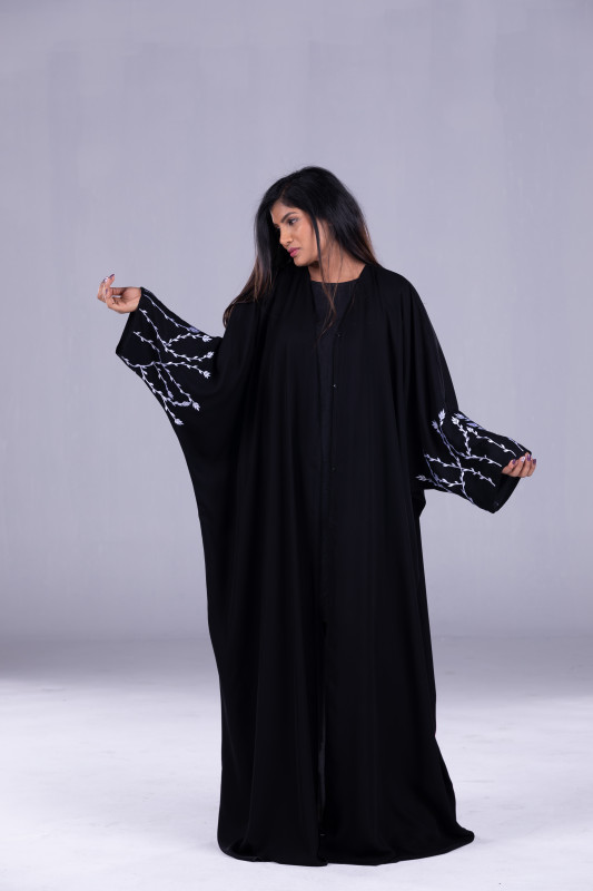 Butterfly (Farrasha) Model Abaya with White embroidery on sleeves. AB1047