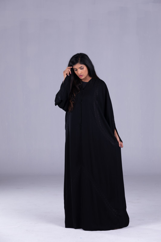 Korean Black Fabric made women's Abaya with Embroidery work on Both Front and Back. AB1048