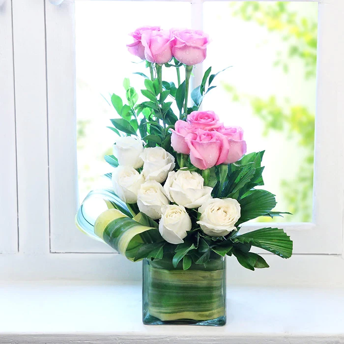 Elegance Arrangement of White and Pink Roses in a Vase