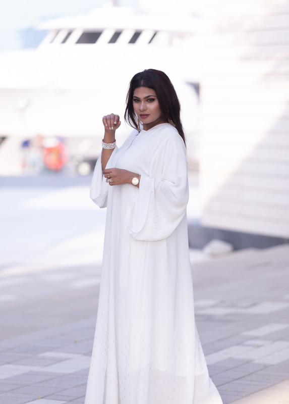 Two Layered Chiffon Abaya for Women with same Colored Beads Handwork on Long Sleeves. AB1007