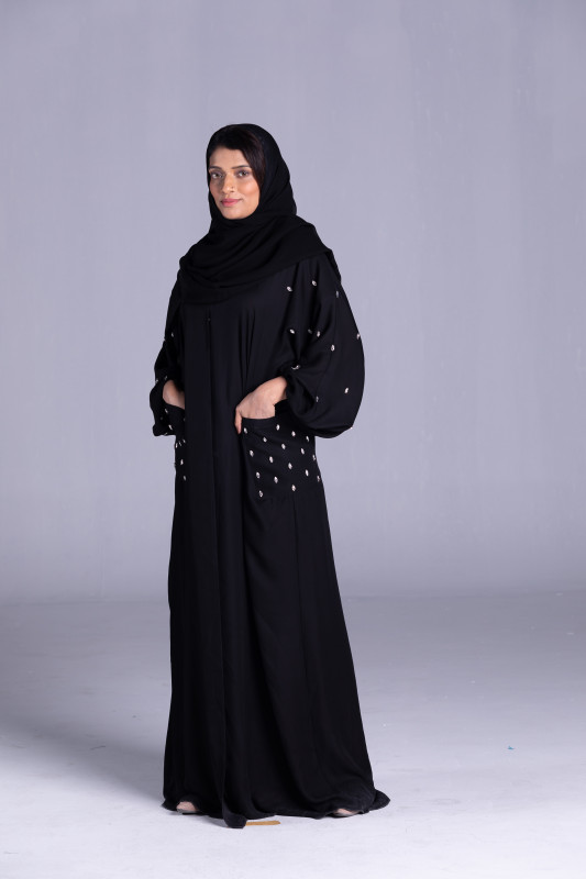 Black Nada Abaya and some stones on sleeves and pocket for Working Women. AB1021