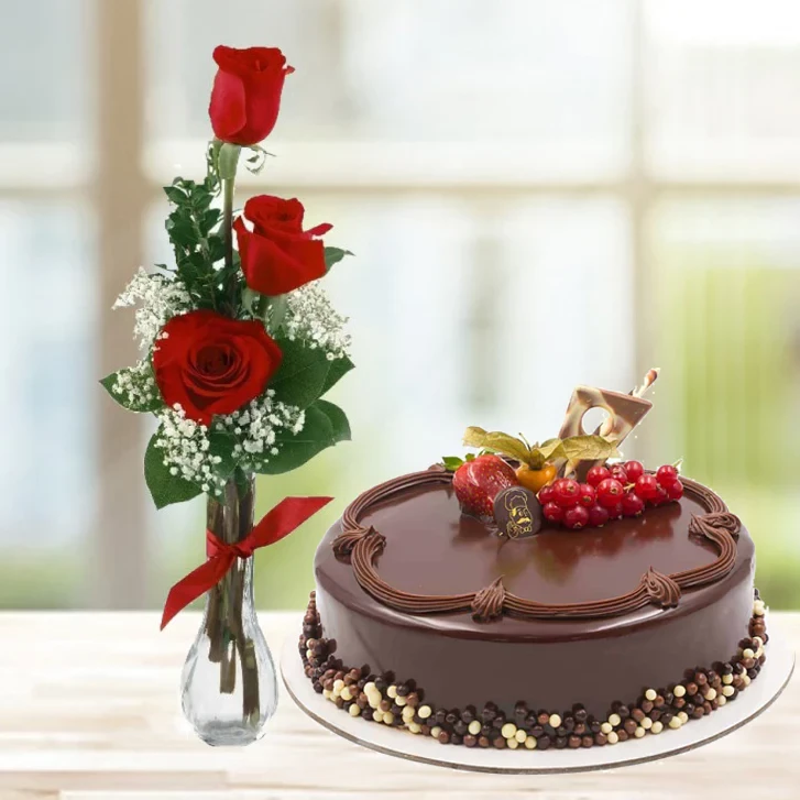 Chocolate Truffle Cake with 3 Red Roses in a Vase